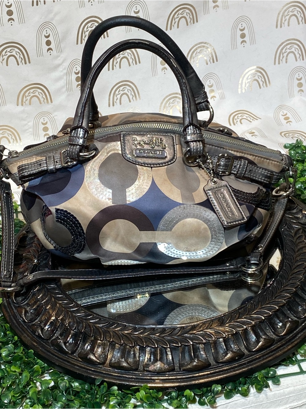 Coach Madison Maggie Multicolor Navy Gray Cream Circle Print Hobo Satchel